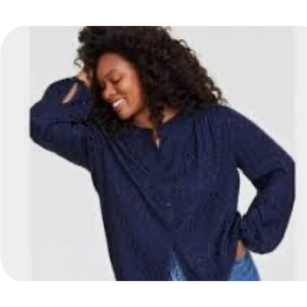 On-34th Blouse Women XL Navy Blue Leopard Jacquard Button Front Long Sleeve